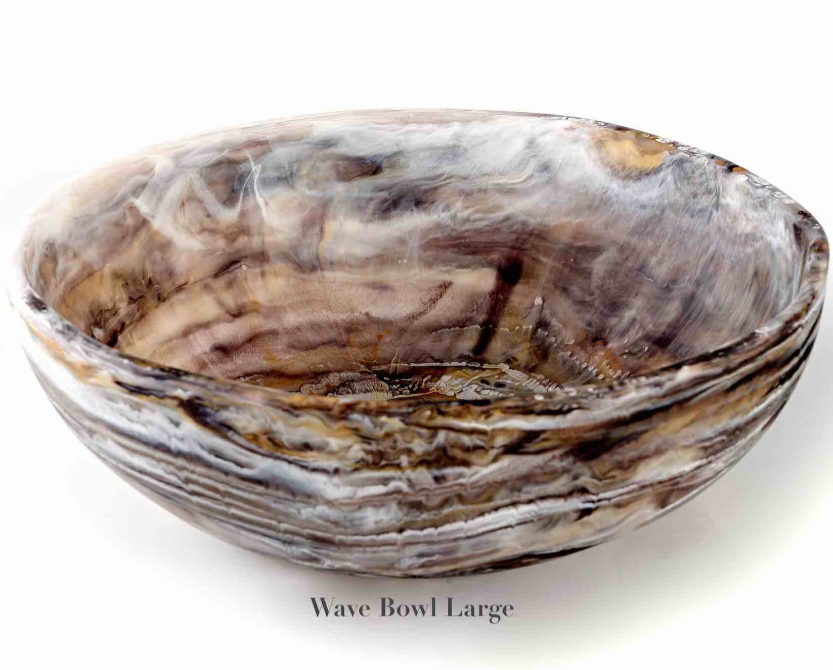 The Nashi Home Mocha Resin Serveware Collection features a large round bowl with marbled brown, white, and gray swirls. Food safe and stylish for decor. Text below: "Wave Bowl Large.