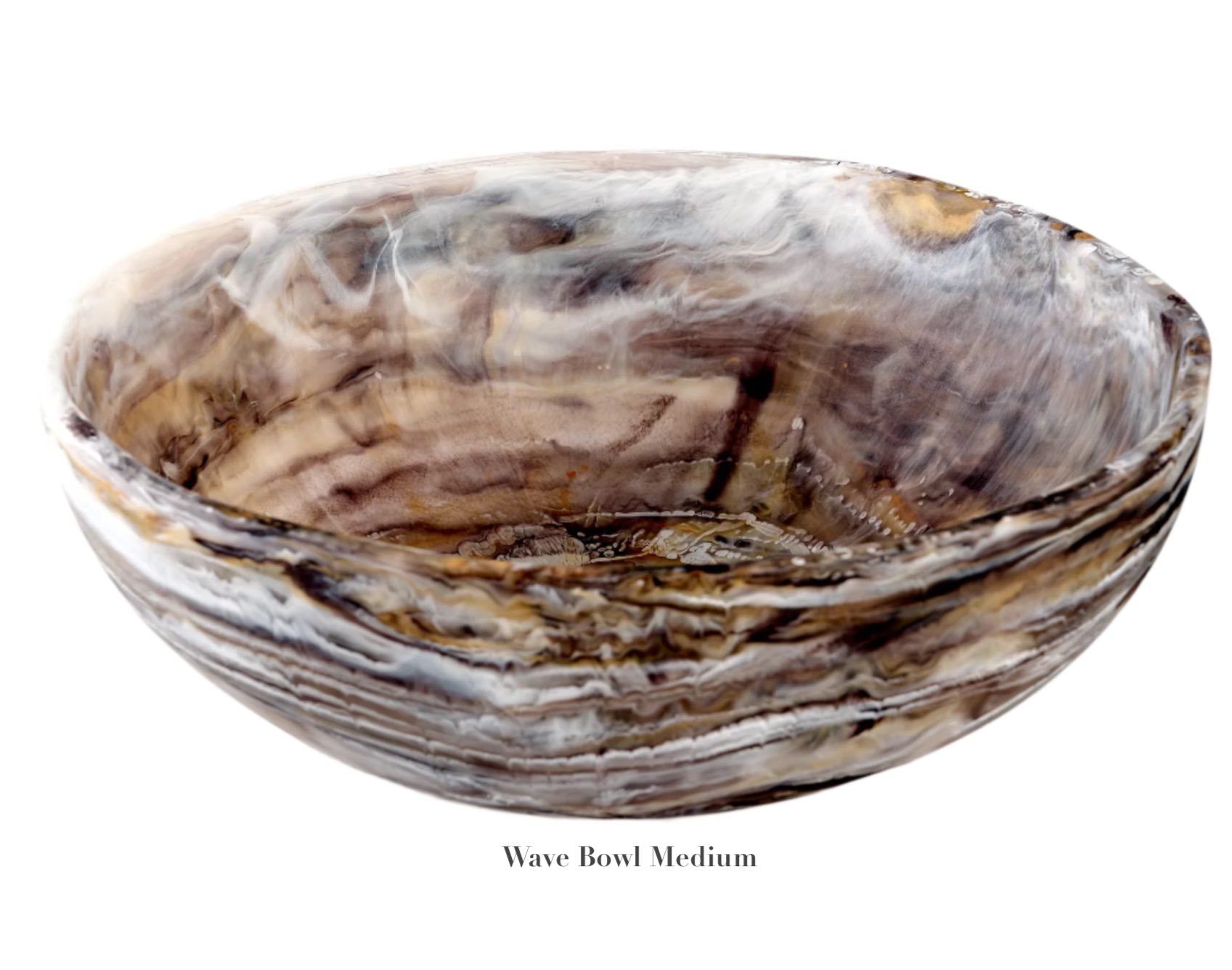 The Nashi Home Mocha Resin Serveware Collection features a medium "Wave Bowl" with a marbled brown and white design, ideal for home decor or serving. Food safe and stylish, photographed against a white background.