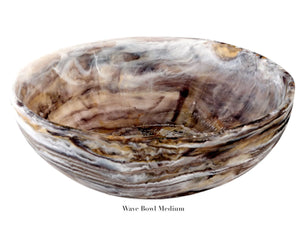 The Nashi Home Mocha Resin Serveware Collection features a medium "Wave Bowl" with a marbled brown and white design, ideal for home decor or serving. Food safe and stylish, photographed against a white background.