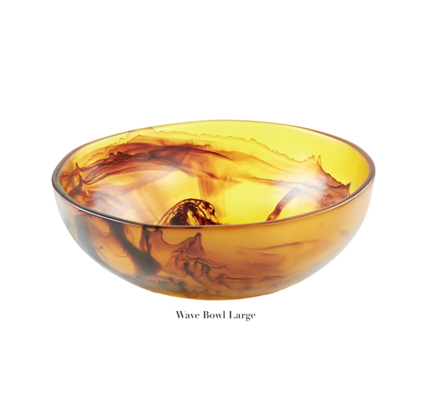 A large, round glass bowl with amber and brown swirls—part of the Tortoise Resin Serveware Collection by Nashi Home—adds elegant, shatter-resistant style to your home decor.