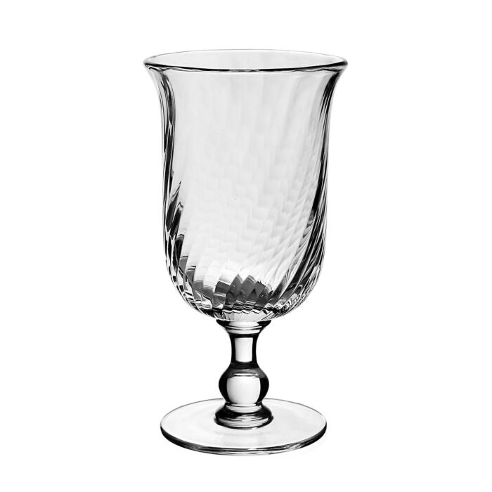 The Waves Floral Vase Collection by William Yeoward Crystal features a clear glass vase with a swirling, spiral texture, flared rim, and short stem on a round base.