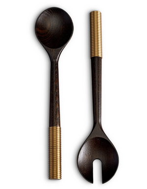 Two dark wooden serving utensils with golden textured handles, hand-carved to perfection. One is a spoon, and the other is a fork, elegantly positioned side by side on a white background, making them ideal for presentation in a L'Objet Alhambra Serving Set by L'Objet.