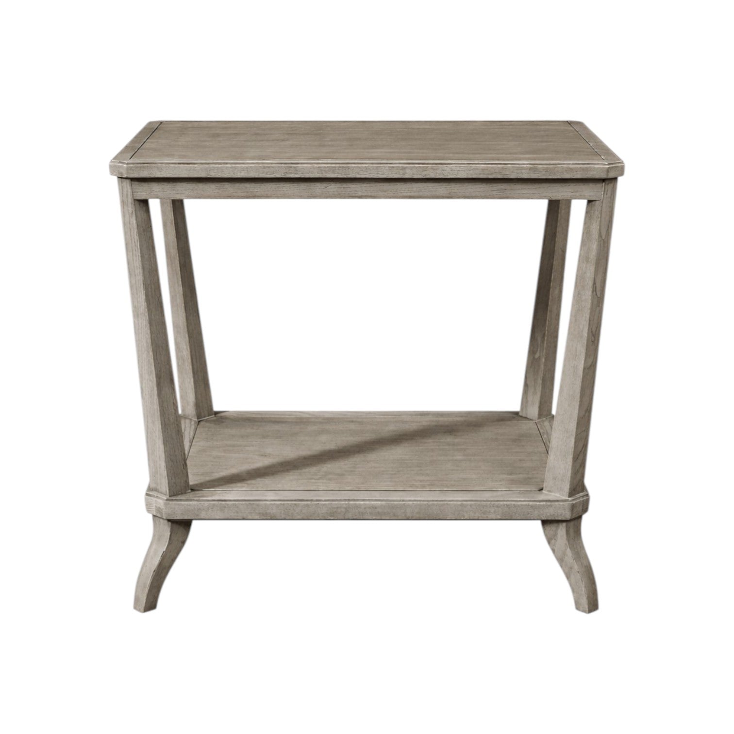 The Hickory Chair Rye Rectangular Side Table features a weathered stone finish, angled legs, and a lower shelf, combining timeless function with contemporary style.