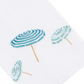 Three blue and green striped beach umbrellas, embroidered on crisp white Italian linen, viewed from above—part of the Beach Umbrella Bath Collection by Haute Home—a charming accent perfect for a tip towel or tissue box cover.