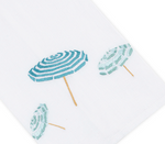 Three blue and green striped beach umbrellas, embroidered on crisp white Italian linen, viewed from above—part of the Beach Umbrella Bath Collection by Haute Home—a charming accent perfect for a tip towel or tissue box cover.
