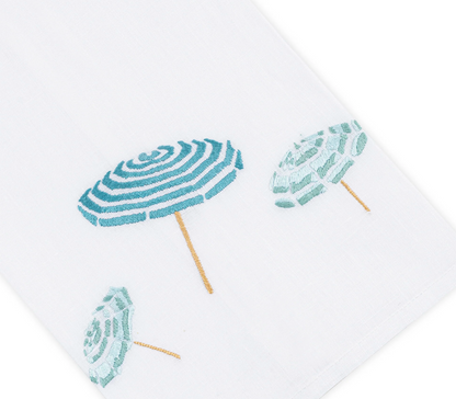 Three blue and green striped beach umbrellas, embroidered on crisp white Italian linen, viewed from above—part of the Beach Umbrella Bath Collection by Haute Home—a charming accent perfect for a tip towel or tissue box cover.