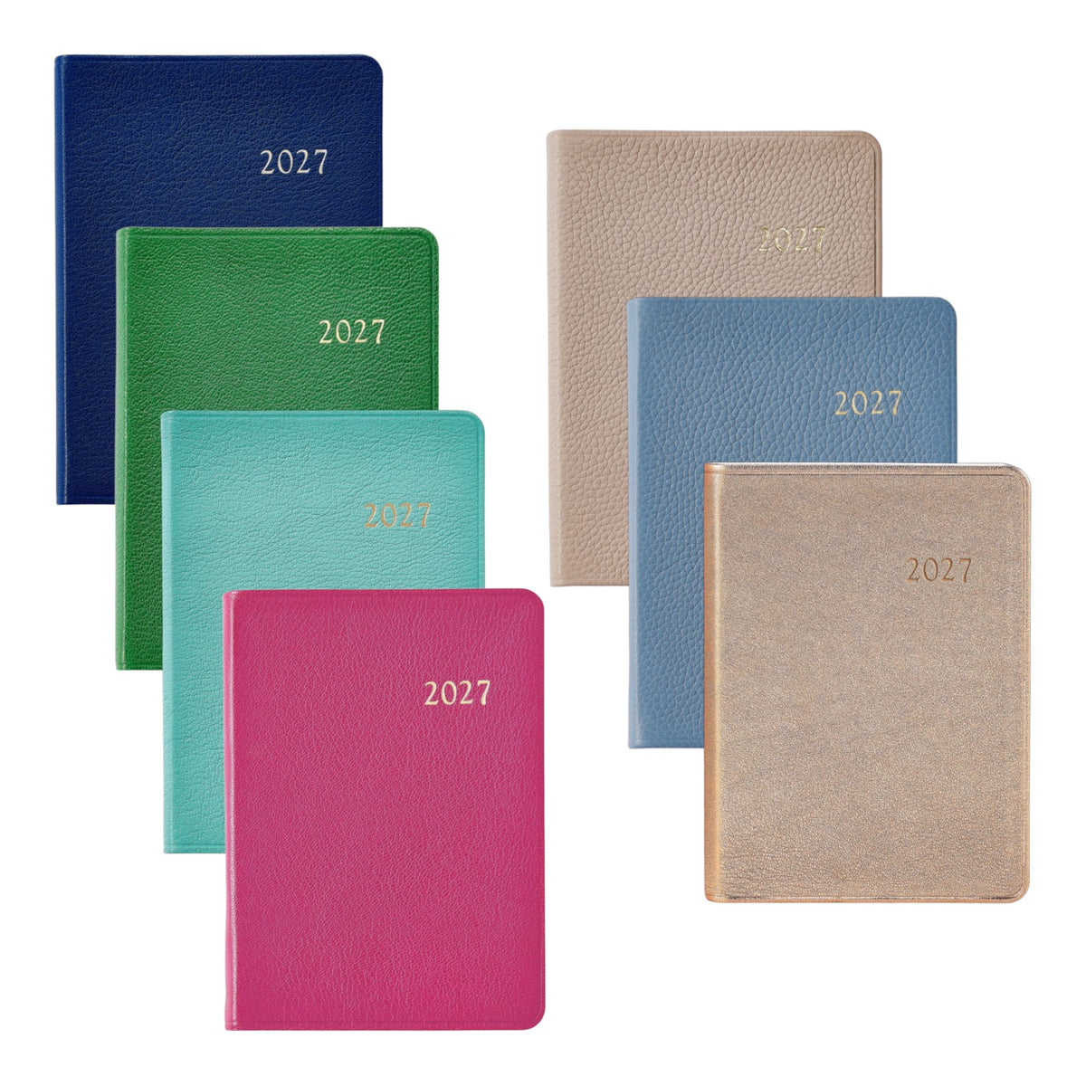 Seven Graphic Image 2027 Weekly Notebook designs in blue, green, teal, pink, beige, and gold covers are arranged in two rows, highlighting their textured surfaces and gold-embossed years—ideal for use as an appointment book or a stylish leather notebook.