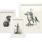 Part of the Pigeon & Poodle Westport Frame Collection, three framed black and white illustrations—a cactus, a lighthouse, and a knight on horseback—each in elegant white frames.