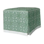 A rectangular Cocktail Ottoman by Hickory Chair, elegantly upholstered in a green and white fabric with geometric and star motifs, exuding the precise, Made To Measure refinement reminiscent of a dressmaker’s skirt.
