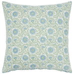 The Luvika Light Indigo Decorative Pillow by John Robshaw showcases a repeating pattern of blue flowers and green leaves on a white background, expertly hand block printed for timeless charm.