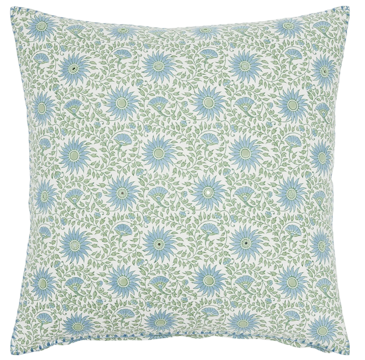 The Luvika Light Indigo Decorative Pillow by John Robshaw showcases a repeating pattern of blue flowers and green leaves on a white background, expertly hand block printed for timeless charm.