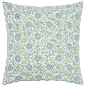 The Luvika Light Indigo Decorative Pillow by John Robshaw showcases a repeating pattern of blue flowers and green leaves on a white background, expertly hand block printed for timeless charm.