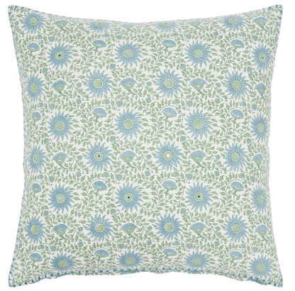 The Luvika Light Indigo Decorative Pillow by John Robshaw showcases a repeating pattern of blue flowers and green leaves on a white background, expertly hand block printed for timeless charm.