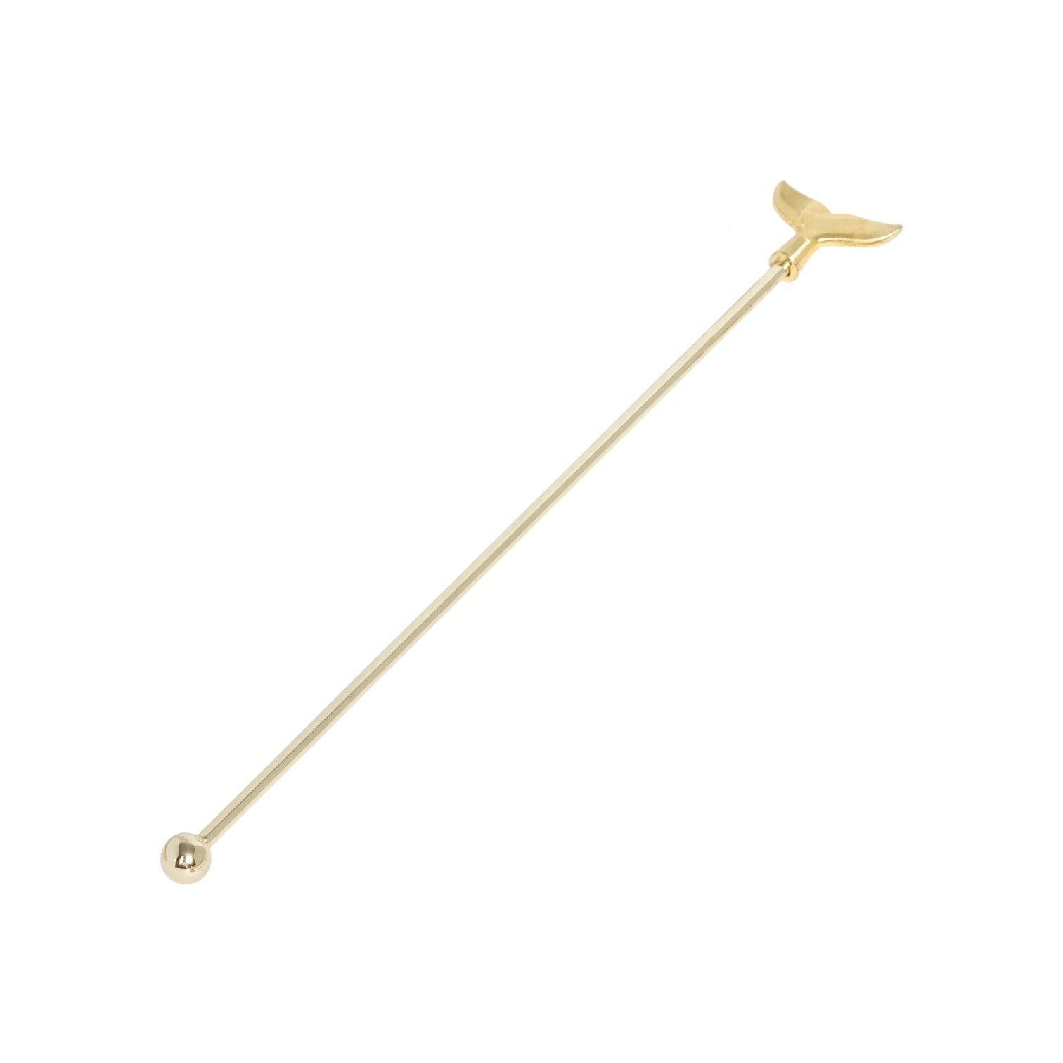 The Zodax Drink Stirrer features a gold metal design with a whale tail on one end and a round ball on the other—a unique nautical accessory for any coastal bar. Shown against a white background.