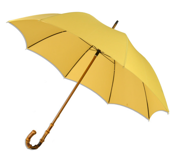 A yellow polyester Fox Ladies Whangee Handle Stick Umbrella from Fox Umbrellas on a white background.