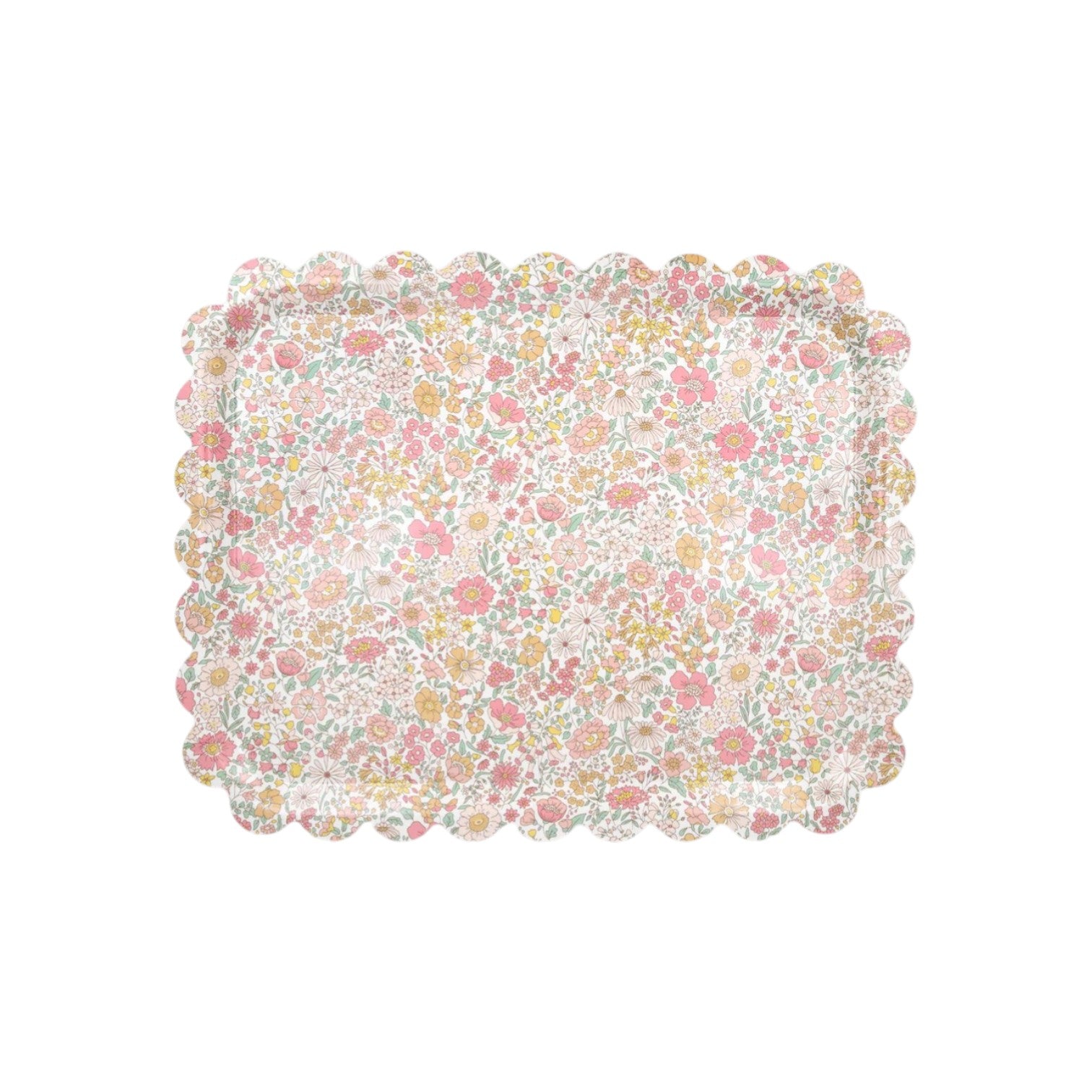 The Meri Meri Wharfedale Tray is a rectangular tray with scalloped edges, featuring a vibrant multicolored floral pattern in pink, orange, yellow, and green on a white background.