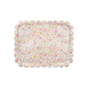 The Meri Meri Wharfedale Tray is a rectangular tray with scalloped edges, featuring a vibrant multicolored floral pattern in pink, orange, yellow, and green on a white background.