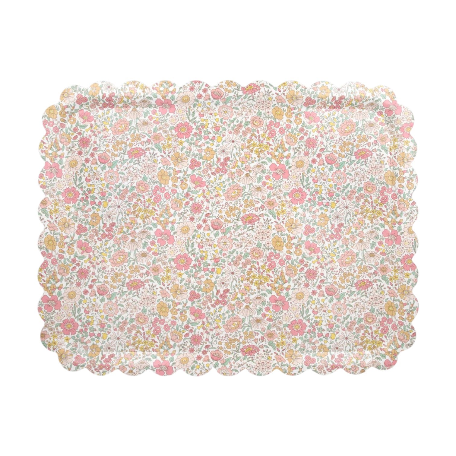 The Meri Meri Wharfedale Tray features a scalloped edge and pastel floral pattern in pink, yellow, and green on white—an ideal accent for your table setting.
