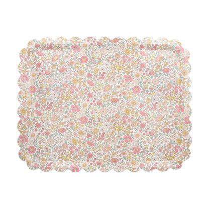 The Meri Meri Wharfedale Tray features a scalloped edge and pastel floral pattern in pink, yellow, and green on white—an ideal accent for your table setting.