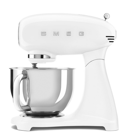 The SMEG Stand Mixer from Smeg's collection, in white, features a die-cast aluminum body and stainless steel bowl. It offers planetary action and 10 variable speeds for versatile mixing.