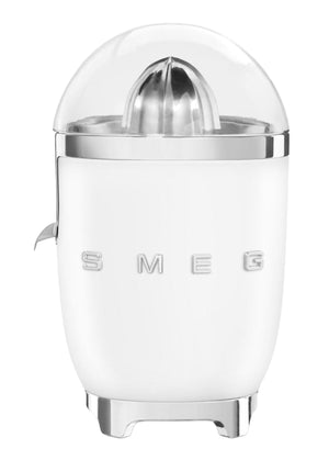 The Smeg Citrus Juicer Collection, by Smeg, offers a white juicer with metallic accents, a stainless steel anti-drip spout, and a clear dome lid.