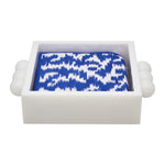 The Tizo Design Acrylic Napkin Holders with Bubble Handles display folded blue and white patterned napkins, bringing a modern touch to your table decor.