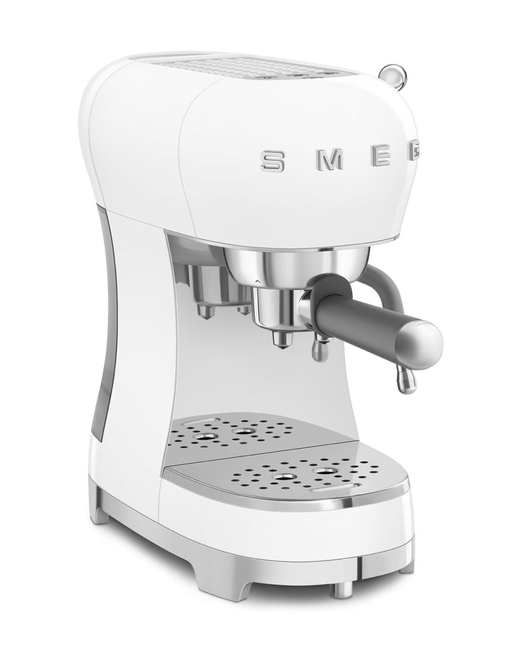 The SMEG Espresso Machine Collection by Smeg offers a white espresso machine with chrome accents, dual spouts, and a Thermoblock heating system for precise temperature control, perfect for home use.
