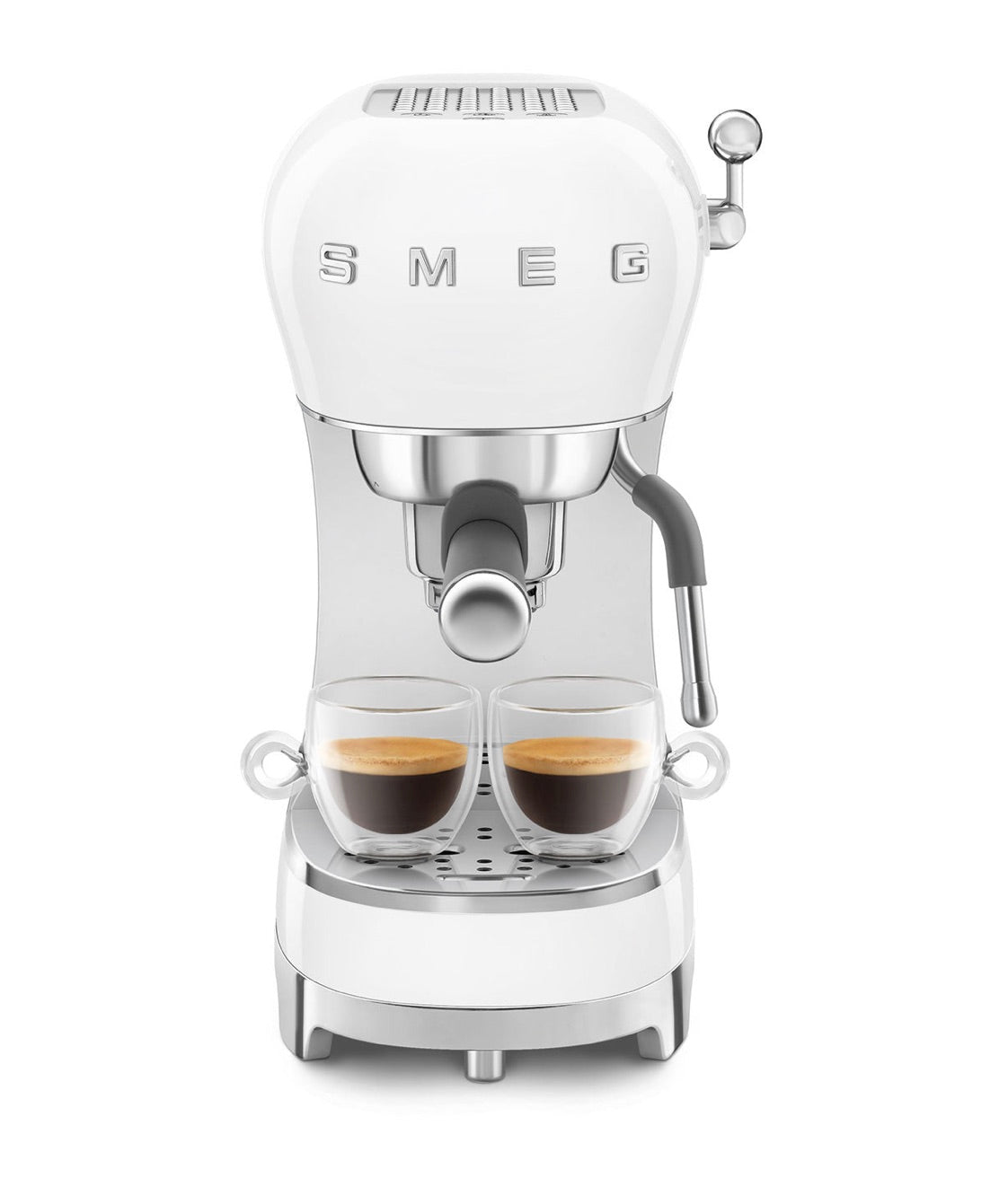 Front view of a SMEG Espresso Machine Collection by Smeg, showing two glass cups under the dual spout with rich coffee, made possible by its Thermoblock heating system and 15 bar pressure.
