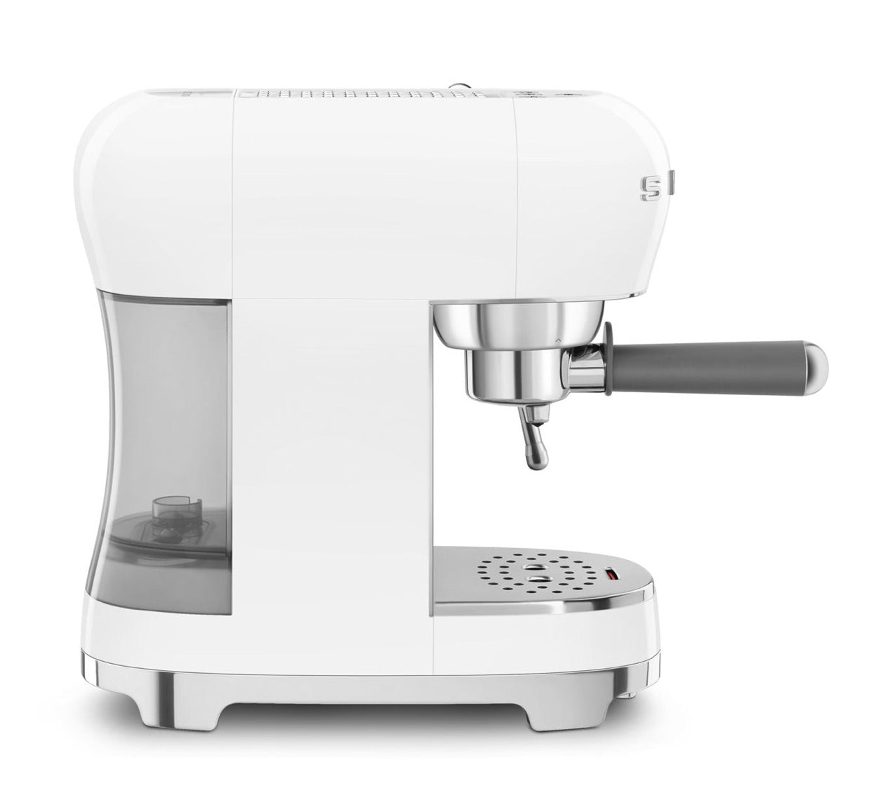 The SMEG Espresso Machine Collection by Smeg features a sleek white design, Thermoblock heating system, left-side water tank, right-side portafilter, and 15 bar pressure for optimal flavor extraction.