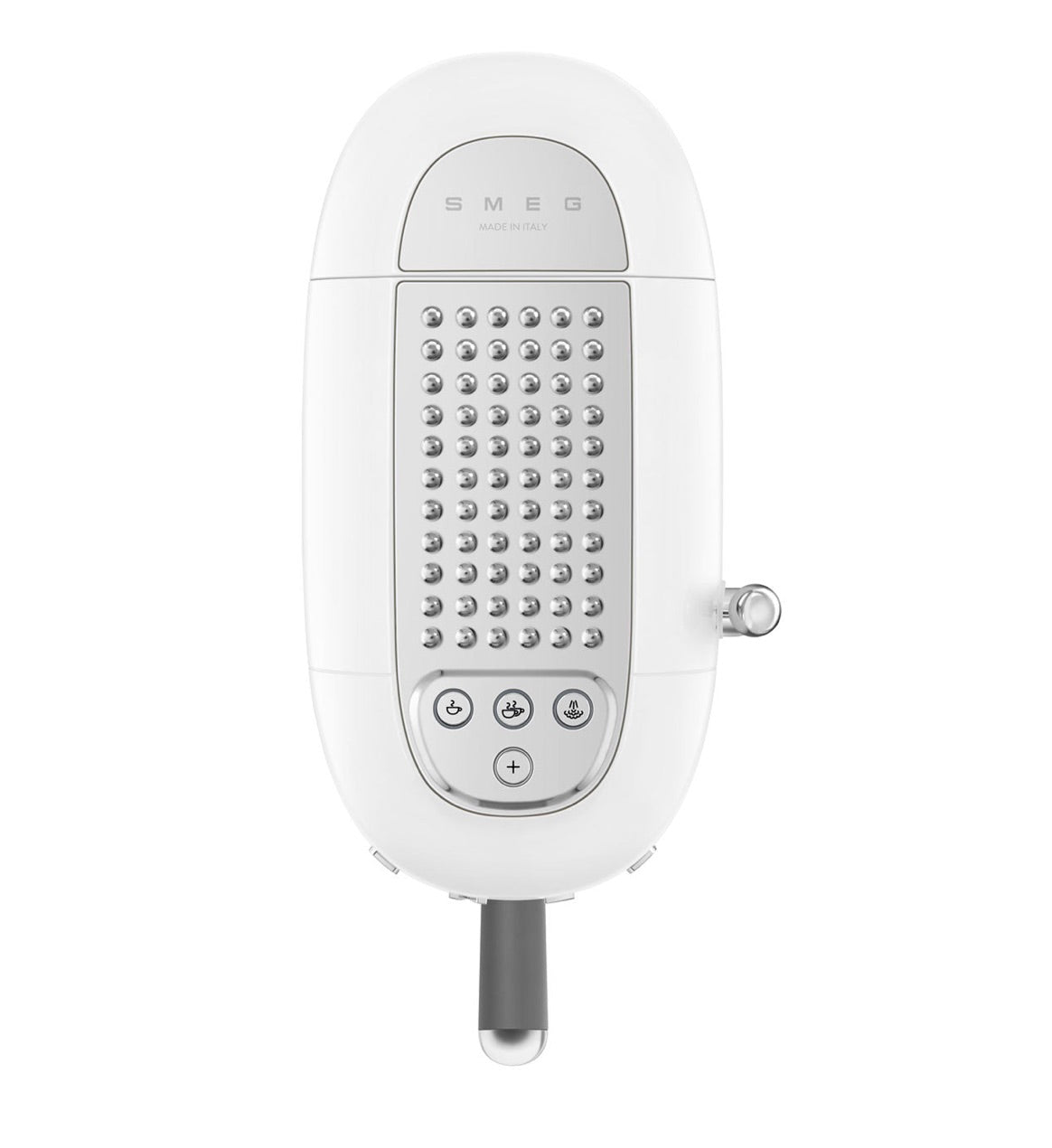 A white Smeg milk frother from the SMEG Espresso Machine Collection features a perforated front panel, control buttons, small spout, and an adjustable cappuccino system for perfectly textured milk.