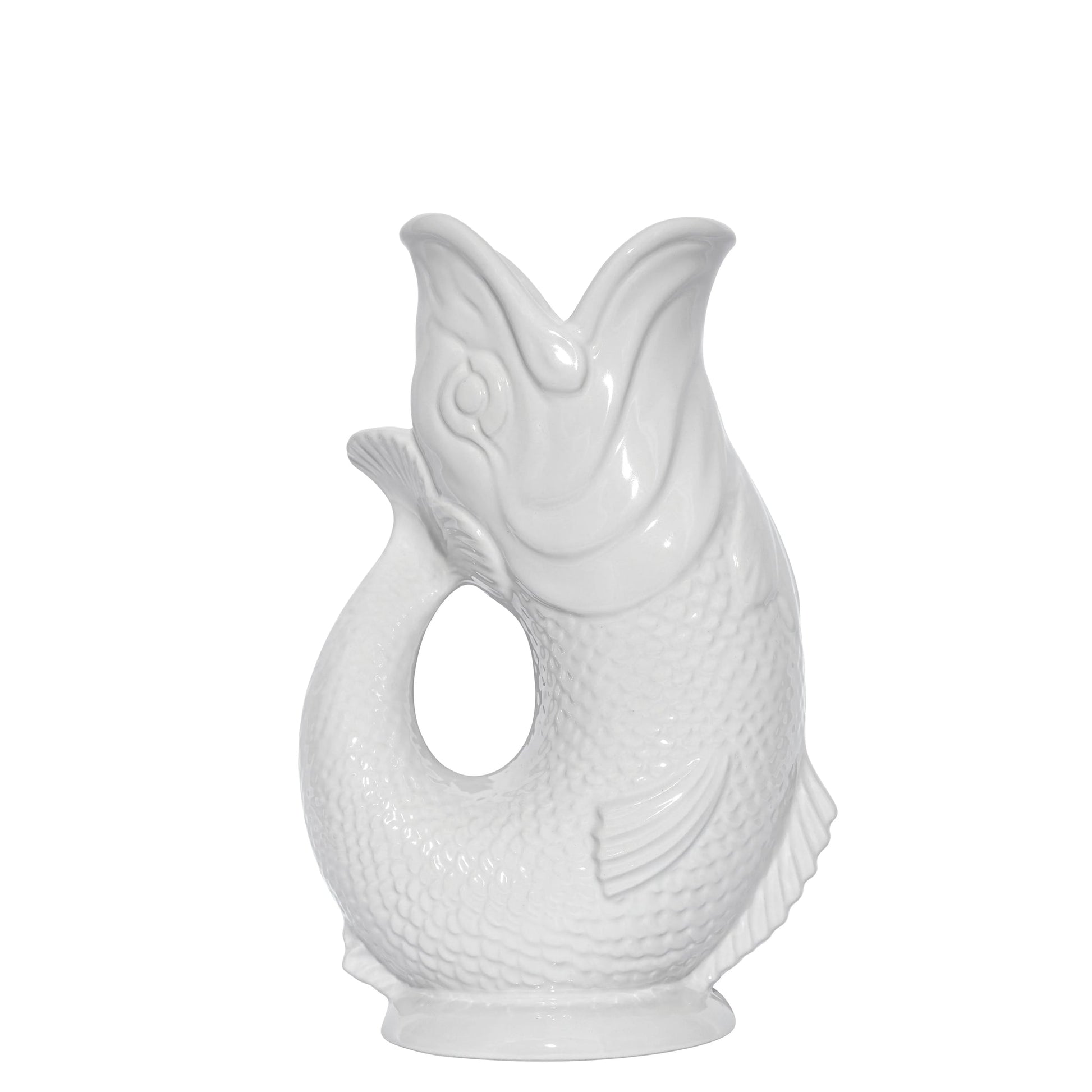 The Original Gluggle Jug's Fish Gluggle Jug Collection features white ceramic fish-shaped jugs with open mouths and detailed scales and fins—a true icon of British design.