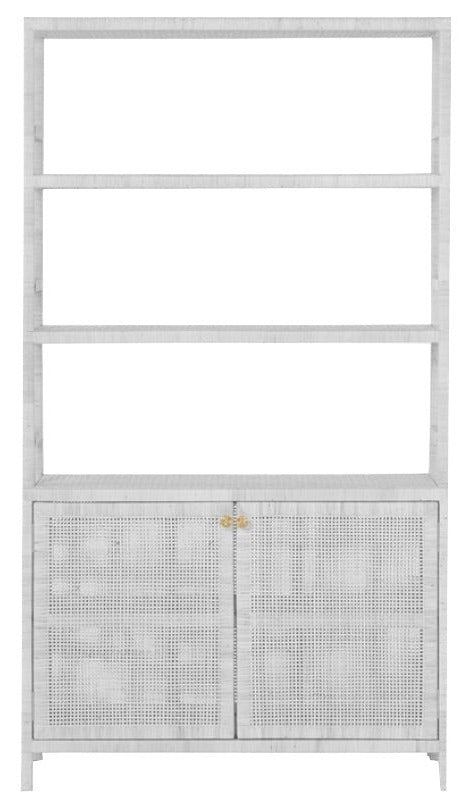 The Isla Bookcase with Hutch White Rattan by Made Goods features a tall, white design with three open shelves and a closed cabinet at the bottom adorned with woven rattan doors.