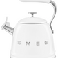 A stainless steel and white enamel Smeg SMEG Whistling Kettle Collection with a large capacity, featuring an ergonomic handle and curved spout.
