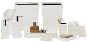 The Callas Bath Collection by Pigeon & Poodle features white mosaic-finished accessories—tissue box, soap dispensers, trays, containers, waste bin, and soap dish—elegantly arranged on a white surface.