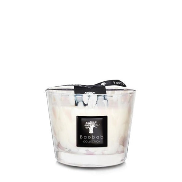 A Baobab Collection Pearls White candle in a clear glass vessel, displayed on a plain white background.
