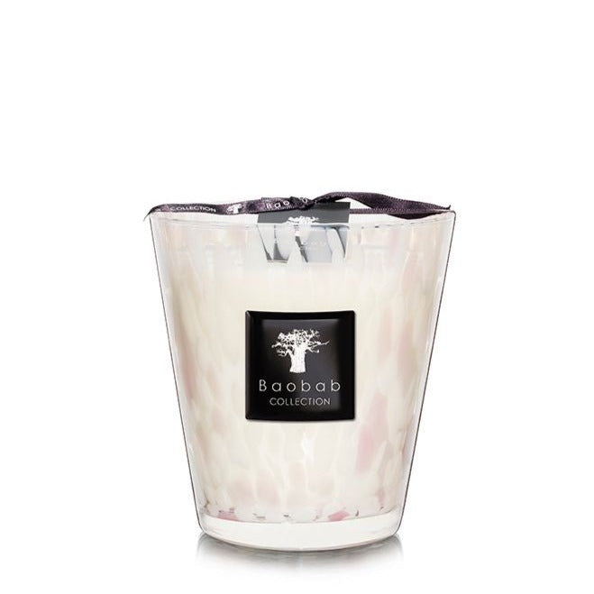 A Baobab Collection Pearls White Candle with a white and pink marbled glass container, featuring a company logo with a tree design.