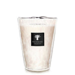A Baobab Collection Pearls White Candle scented candle from the Baobab collection in a translucent, patterned glass container with a white background.