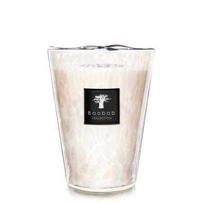A Baobab Collection Pearls White Candle scented candle from the Baobab collection in a translucent, patterned glass container with a white background.