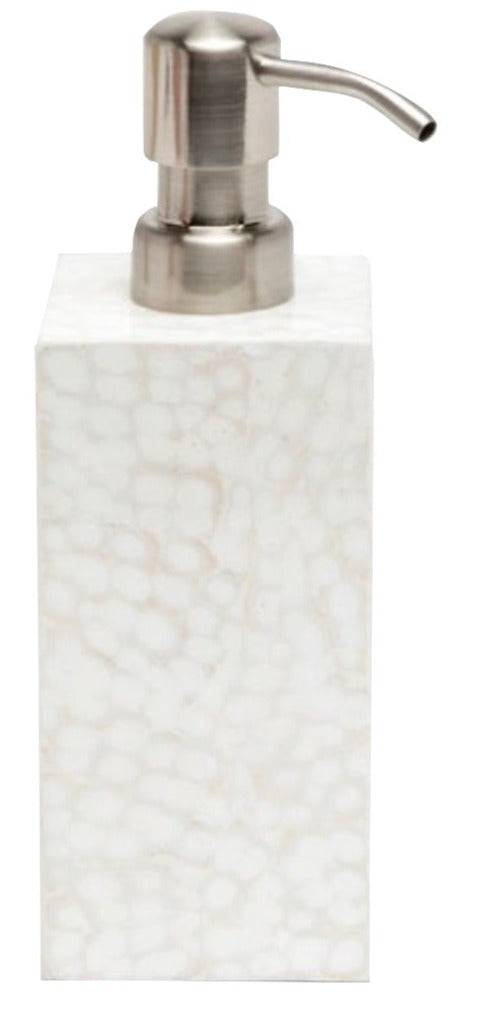 A rectangular white soap dispenser with a mosaic texture and silver pump from the Callas Bath Collection by Pigeon & Poodle.