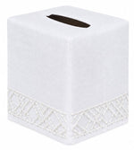 The Lido Bath Collection tissue box cover from Haute Home is a white square design crafted from premium linen, featuring an embroidered geometric pattern along the bottom edge—photographed on a plain background for an elegant addition to your home décor.