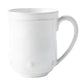 A plain white ceramic mug with a curved handle and subtle decorative details from the Juliska Berry & Thread Classic Whitewash Dinnerware Collection, shown against a white background.