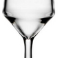 A modern, empty wine glass from the Simon Pearce Bristol Drinkware Collection—with a stem and an angular bowl inspired by the Golden Ratio—stands upright against a white background.