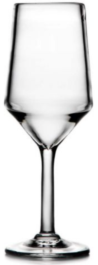 A modern, empty wine glass from the Simon Pearce Bristol Drinkware Collection—with a stem and an angular bowl inspired by the Golden Ratio—stands upright against a white background.