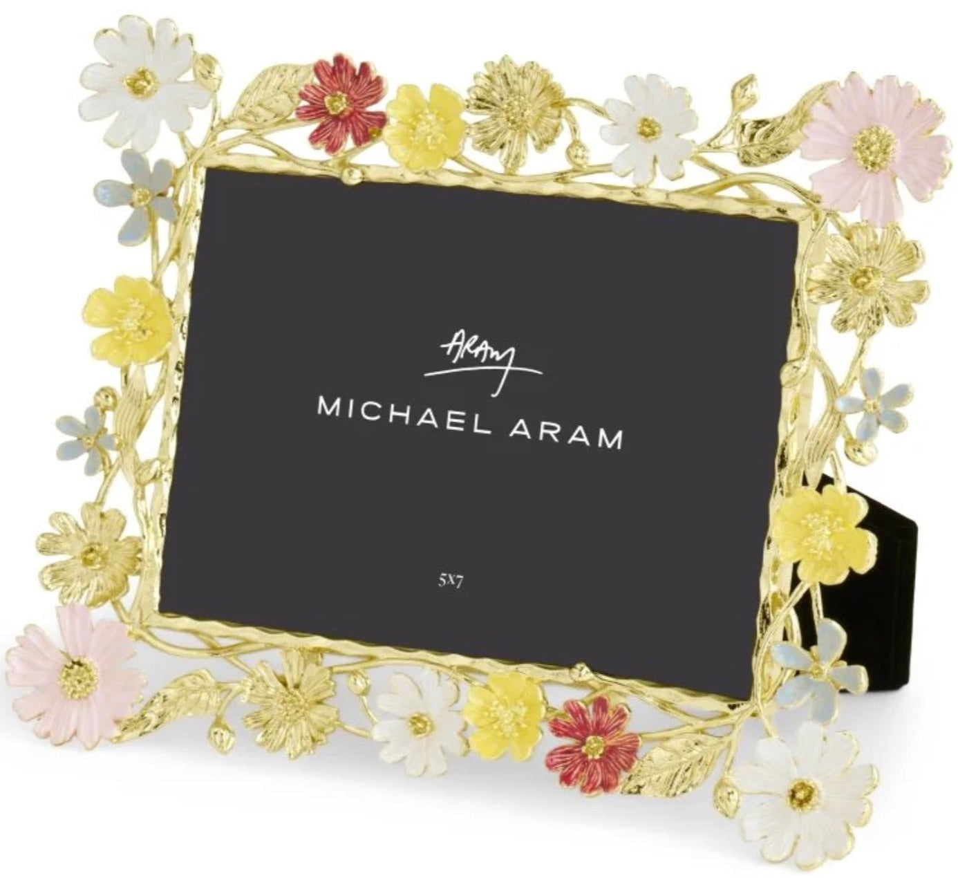 The Michael Aram Wildflowers Frame, 5x7, features hand-enameled gold with pink, yellow, and white floral details inspired by botanical illustrations.