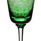 A green textured glass goblet from the Vanessa Green Collection by William Yeoward Crystal, featuring a clear stem and base, is displayed against a white background.