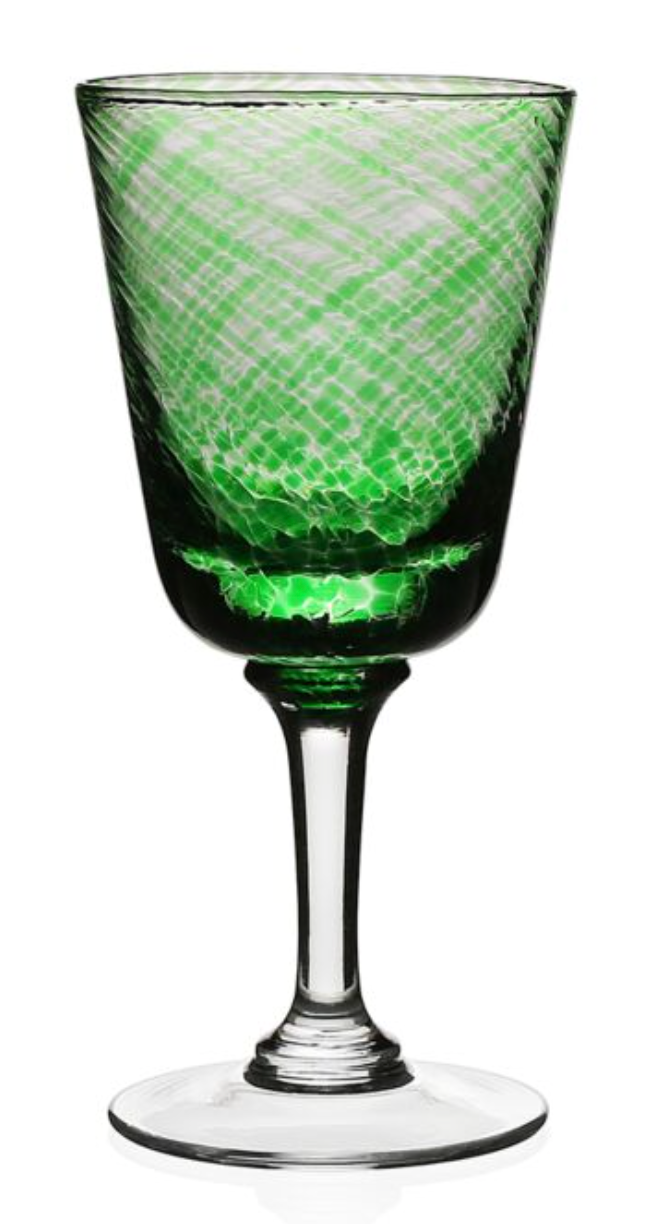 A green textured glass goblet from the Vanessa Green Collection by William Yeoward Crystal, featuring a clear stem and base, is displayed against a white background.