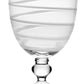 The Bella Bianca Collection by William Yeoward Crystal features a clear glass goblet with a round base and stem, elegantly etched with a white spiral. Glasses may also include a Proposition 65 warning.