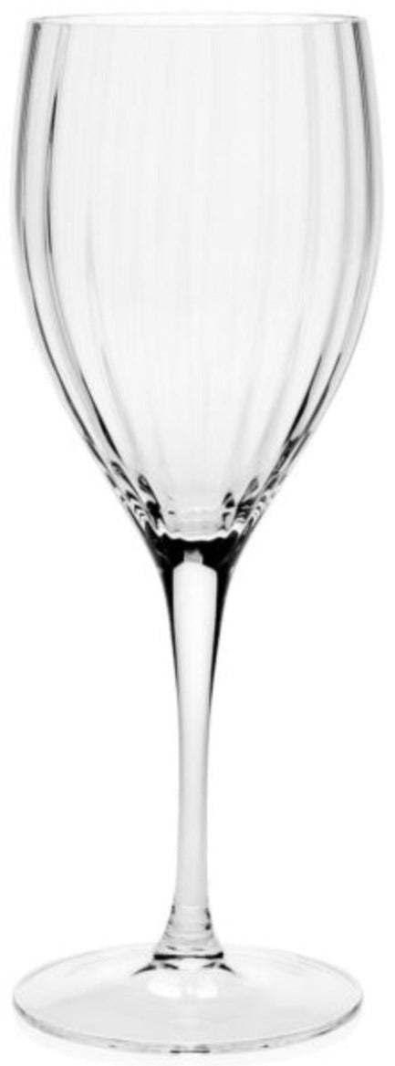 The Corinne Collection wine glass by William Yeoward Crystal features a long stem, round base, and vertical optic for subtle sophistication, shown clear and empty against a plain white background.