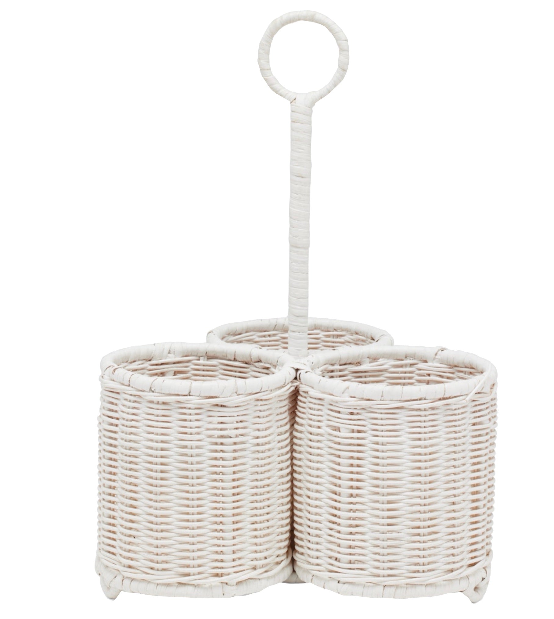 The Micaela White Rattan Serveware Collection by Blue Pheasant features a caddy with three round compartments and a central looped handle, blending stylish practicality with classic woven design.