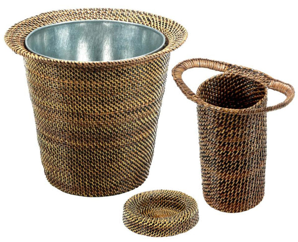 Explore Calaisio's Wine Rattan Collection, featuring three handcrafted wicker pieces: a metal-lined cylindrical wastebasket, a tall holder with an entwined water-vine handle, and a small container lid that serves as a refined wine and champagne coaster.